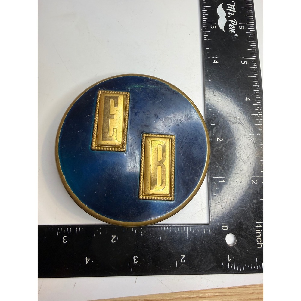 Dorset Fifth Avenue Enamel Powder Compact Blue Gold Initial EB Art Deco Brass